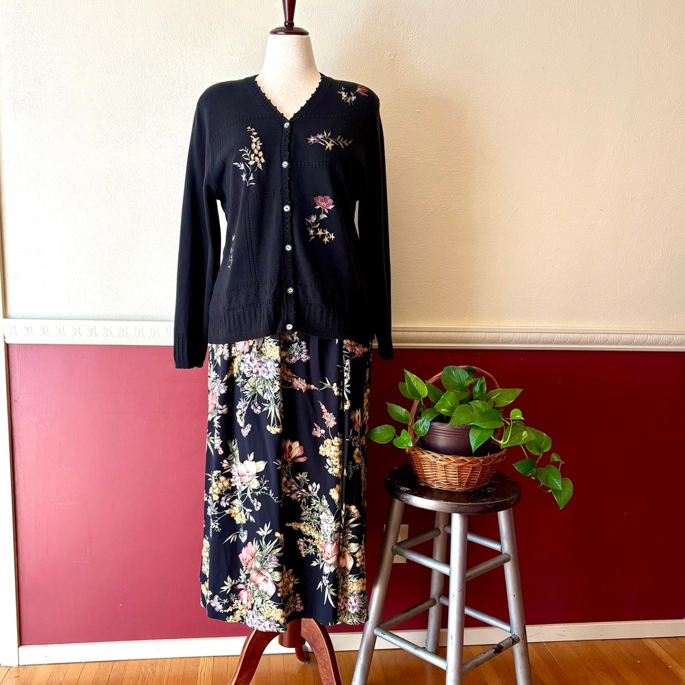 Southern Lady Vintage Floral Skirt Set Black Embroidered Cardigan L 2-Pc Cottage
